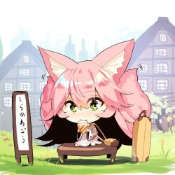 Rule 34 | 1girl, animal ear fluff, animal ears, bag, barefoot, bench, blush, brown jacket, building, chibi, closed mouth, commentary request, day, dress, eating, food, food on face, fox ears, fox girl, fox tail, grass, green eyes, hair between eyes, holding, holding food, ice cream, ice cream on face, jacket, kitsune, long hair, long sleeves, multiple tails, on bench, open clothes, open jacket, original, outdoors, pink hair, shoulder bag, sign, sitting, solo, suitcase, tail, translation request, two tails, very long hair, white dress, wide sleeves, window, yuuji (yukimimi)