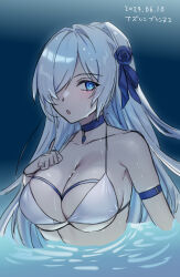 Rule 34 | 1girl, armpit crease, azur lane, bare shoulders, bikini, blue choker, blue eyes, blue flower, blush, breasts, brennus (azur lane), brennus (musician on blade&#039;s precipice) (azur lane), choker, cleavage, collarbone, dated, flower, hair flower, hair ornament, hair over one eye, hand on own chest, highres, large breasts, long hair, looking at viewer, maitei roppa, official alternate costume, parted lips, partially submerged, sketch, solo, swimsuit, upper body, water, wet, white bikini, white hair