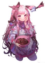 Rule 34 | 1girl, animal, animal ears, apron, bandaid, blue nails, bowl, chocolate, cropped legs, frilled apron, frills, hand on own cheek, hand on own face, hand up, highres, holding, holding bowl, holding jar, jar, long hair, long sleeves, looking at viewer, multicolored nails, nail polish, original, parted lips, pink eyes, pink hair, pink nails, rabbit, rabbit ears, ryota (ry o ta), sidelocks, simple background, smile, solo, thighhighs, very long hair, whisk, white apron, white background, white nails, white thighhighs, zettai ryouiki
