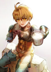 Rule 34 | 1boy, ahoge, armor, belt, black shirt, brown eyes, brown hair, cup, dot nose, final fantasy, final fantasy tactics, giving, highres, holding, holding cup, long sleeves, male focus, open mouth, pants, ramza beoulve, shirt, short hair, sitting, steam, tomatsukaze, white background, white pants