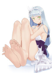 Rule 34 | 1girl, absurdres, bare legs, bare shoulders, barefoot, blue hair, blush, breasts, c.rabbit, closed mouth, crossed bangs, feet, flower, foot focus, from side, full body, girls&#039; frontline, greek toe, green eyes, hair flower, hair ornament, highres, hk416 (girls&#039; frontline), hk416 (starry cocoon) (girls&#039; frontline), hugging own legs, jewelry, long hair, looking at viewer, medium breasts, necklace, no shoes, sideboob, smile, soles, solo, teardrop facial mark, teardrop tattoo, toes, white background, white headwear
