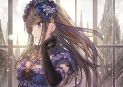 Rule 34 | 1girl, black gloves, blue dress, breasts, brown hair, cloud, cloudy sky, commentary request, dress, elbow gloves, flower, gloves, hand up, head tilt, highres, long hair, missile228, original, overcast, parted lips, purple eyes, purple flower, sky, small breasts, solo, tower, upper body, very long hair, window