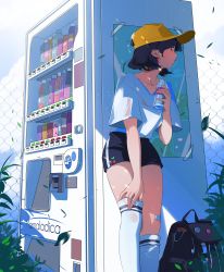 Rule 34 | 1girl, absurdres, adjusting clothes, adjusting legwear, artist name, backpack, bag, bandaid, bandaid on knee, bandaid on leg, baseball cap, black hair, blue shorts, bottle, chain-link fence, cloud, cloudy sky, collarbone, commentary, day, earrings, english commentary, feet out of frame, fence, hat, heart, heart earrings, highres, holding, holding bottle, jewelry, leaf, looking to the side, marmaladica, original, outdoors, plant, shade, shirt, short hair, short sleeves, shorts, sky, solo, standing, summer, sweat, thighhighs, unworn backpack, unworn bag, white shirt, white thighhighs, yellow hat