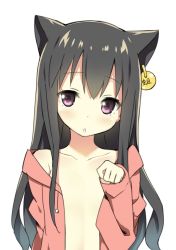 Rule 34 | 1girl, :o, animal ears, black hair, blush, cat ears, collarbone, ear piercing, flat chest, highres, long hair, looking at viewer, open clothes, open shirt, paw pose, piercing, purple eyes, shirt, simple background, sky-freedom, solo, upper body, white background