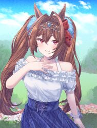 Rule 34 | 1girl, animal ears, bare shoulders, blue skirt, blue sky, blush, bow, bracelet, breasts, brown hair, closed mouth, cloud, cloudy sky, collarbone, daiwa scarlet (umamusume), day, floating hair, flower, frilled shirt, frills, hair between eyes, hair bow, hair intakes, hand on own chest, hand up, highres, horse ears, ittokyu, jewelry, long hair, looking at viewer, medium breasts, off-shoulder shirt, off shoulder, outdoors, pearl bracelet, puffy short sleeves, puffy sleeves, purple flower, red bow, red eyes, red flower, shirt, short sleeves, sidelocks, signature, skirt, sky, smile, solo, tiara, twintails, umamusume, very long hair, white shirt