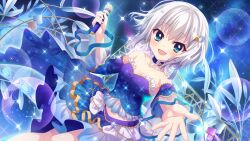 Rule 34 | 1girl, blue choker, blue eyes, blue skirt, blue sleeves, bow, breasts, choker, cleavage, collarbone, constellation print, crop top, detached sleeves, dot nose, dutch angle, film grain, game cg, hair ornament, hairclip, holding, holding microphone, izumi tsubasu, lens flare, looking at viewer, microphone, night, night sky, nishidate haku, non-web source, official art, open mouth, outdoors, re:stage!, reaching, reaching towards viewer, short hair, skirt, sky, small breasts, smile, solo, sparkle, star (sky), star (symbol), starry sky, white bow, white hair