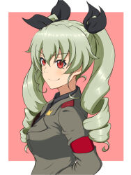Rule 34 | 1girl, ada badguy, anchovy (girls und panzer), anzio military uniform, blush, breasts, drill hair, girls und panzer, green hair, hair ribbon, long hair, military, military uniform, red eyes, ribbon, simple background, small breasts, smile, solo, twin drills, uniform, upper body