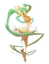 Rule 34 | 1girl, absurdly long hair, absurdres, armpits, arms behind head, arms up, backlighting, bad id, bad pixiv id, ballet, bare arms, bracelet, chest tattoo, closed mouth, dancing, dress, eyelashes, flat chest, full body, green eyes, green hair, hatsune miku, headphones, highres, jewelry, legs together, light smile, long hair, looking at viewer, looking back, miku symphony (vocaloid), neck ribbon, neck ring, number tattoo, reina, ribbon, see-through, see-through dress, shoe soles, shoes, short dress, simple background, single thighhigh, solo, standing, standing on one leg, strapless, strapless dress, tareme, tattoo, thighhighs, thighlet, tiptoes, twintails, very long hair, vocaloid, wavy hair, white background, white dress, white thighhighs