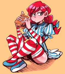 Rule 34 | 1girl, absurdres, ass, crossed legs, dress, eating, food, freckles, highres, long sleeves, mascot, peargor, red hair, ribbon, sitting, striped clothes, striped thighhighs, thighhighs, twintails, wendy&#039;s, wendy (wendy&#039;s)
