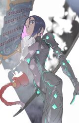 Rule 34 | 1girl, absurdres, armor, black bodysuit, bodysuit, breasts, covered navel, fate/grand order, fate/samurai remnant, fate (series), grey eyes, highres, japanese armor, katana, looking at viewer, medium breasts, minamoto no raikou (fate), neon trim, parted bangs, pretty-purin720, purple hair, short hair, solo, sword, thighs, ushi gozen (avenger) (fate), ushi gozen (fate), weapon