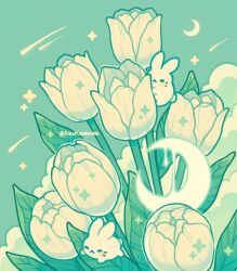 Rule 34 | 2others, animal focus, closed eyes, crescent moon, emily kim, facial mark, flower, highres, leaf, minimized, moon, multiple others, no humans, original, rabbit, shooting star, smile, star (sky), tulip, twitter username, whisker markings, white flower