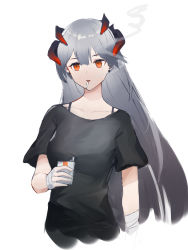 Rule 34 | 1girl, absurdres, arknights, black shirt, bra strap, cigarette, cigarette pack, collarbone, commentary, cropped torso, dragon horns, earrings, english commentary, highres, holding, holding cigarette pack, horns, jewelry, long hair, oni22, orange eyes, saria (arknights), shirt, short sleeves, silver hair, simple background, smoke, smoking, solo, stud earrings, t-shirt, upper body, white background, wrist wrap