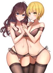 Rule 34 | 2girls, absurdres, ahoge, asymmetrical docking, bare shoulders, black bra, black thighhighs, blonde hair, blush, bra, breast press, breasts, brown hair, cleavage, commentary, commission, cowboy shot, frilled panties, frills, gluteal fold, green eyes, hand on another&#039;s shoulder, heart, heart-shaped pupils, highleg, highleg panties, highres, holding hands, ichinose shiki, idolmaster, idolmaster cinderella girls, interlocked fingers, long hair, looking at viewer, medium breasts, miyamoto frederica, multiple girls, navel, nyome991, panties, parted lips, pixiv commission, short hair, side-by-side, side-tie panties, simple background, skindentation, symbol-shaped pupils, thigh gap, thighhighs, thighs, underwear, underwear only