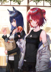 Rule 34 | 2girls, alternate costume, alternate hairstyle, animal ear fluff, animal ears, arknights, bad id, bad pixiv id, bag, bare shoulders, black gloves, black hair, black jacket, black legwear, black shirt, black shorts, breasts, brown eyes, casual, cigarette, commentary, cowboy shot, dog tags, exusiai (arknights), fingerless gloves, food, fruit, gloves, hair between eyes, halo, hand in pocket, hand up, highres, holding, holding bag, holding food, holding fruit, jacket, jewelry, long hair, long sleeves, looking at viewer, medium breasts, multiple girls, off shoulder, one side up, pantyhose, paper bag, pendant, profile, red hair, resolution mismatch, shirt, sho (sumika), shopping bag, short shorts, shorts, sleeveless, sleeveless shirt, smile, source larger, standing, texas (arknights), white jacket, white shirt, wolf ears