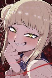 Rule 34 | 1girl, blonde hair, blue sailor collar, blush, boku no hero academia, brown sweater, commentary request, double bun, grin, hair bun, hand up, heart, highres, long sleeves, looking at viewer, portrait, ransusan, red background, sailor collar, short hair, sidelocks, smile, solo, string, string of fate, sweater, teeth, toga himiko, yellow eyes