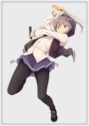 1girl black_footwear black_pantyhose commentary_request dual_wielding full_body grey_background grey_hair highres holding holding_knife holding_weapon hood hood_up hooded_jacket jacket knife long_sleeves looking_at_viewer motsutoko open_clothes open_jacket pantyhose pleated_skirt purple_eyes purple_jacket purple_skirt renpu_girls_school_uniform school_uniform shichinosato_kofuki shirt shoes skirt smirk solo toji_no_miko weapon white_shirt