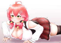Rule 34 | 1girl, absurdres, ahoge, bell, blush, breasts, cleavage, detached sleeves, dripping, exercising, green eyes, hair ornament, highres, hololive, mee don, miniskirt, push-ups, red hair, sakura miko, sakura miko (casual), skirt, sweat, thighhighs, thighs, trembling, virtual youtuber, white background, zettai ryouiki