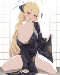 Rule 34 | 1girl, ahoge, akari (blue archive), akari (new year) (blue archive), black kimono, blonde hair, blue archive, blue eyes, blue halo, blush, breasts, cleavage, collarbone, demon horns, grey horns, hair between eyes, halo, highres, horns, japanese clothes, kimono, large breasts, long hair, long sleeves, looking at viewer, obi, official alternate costume, open mouth, sash, shouji, sliding doors, smile, solo, wide sleeves, yousui 393