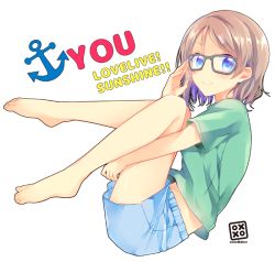 Rule 34 | 10s, 1girl, adjusting eyewear, anchor symbol, barefoot, blue eyes, blue shorts, brown hair, character name, circle name, commentary request, copyright name, fetal position, full body, glasses, green shirt, grey hair, looking at viewer, love live!, love live! school idol festival, love live! sunshine!!, midriff peek, peke (xoxopeke), plantar flexion, shirt, short hair, short sleeves, shorts, simple background, smile, solo, t-shirt, watanabe you, white background