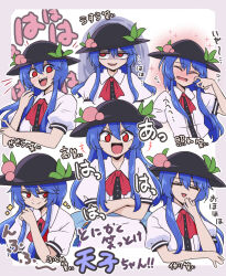 Rule 34 | +++, 1girl, black hat, blue hair, blush, closed eyes, closed mouth, collared shirt, crossed arms, flying sweatdrops, fruit hat ornament, hair between eyes, hat, hat ornament, hinanawi tenshi, long hair, multiple views, open mouth, peach hat ornament, puffy short sleeves, puffy sleeves, red eyes, shaded face, shio (futatsumami), shirt, short sleeves, smile, sparkle, touhou, translation request, white shirt