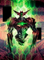 Rule 34 | abstract, abstract background, facial mark, forehead mark, getter-1, getter robo, glowing, glowing eyes, glowing mouth, green eyes, highres, looking at viewer, mecha, monsterification, no humans, parody, robot, science fiction, shinkawa youji (style), solo, style parody, teoft, upper body