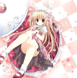 Rule 34 | 1girl, ass, black eyes, blonde hair, bow, flower, hair bow, hair ornament, hair ribbon, hairband, korie riko, lolita hairband, long hair, looking at viewer, lying, mary janes, original, ribbon, shoes, smile, solo, two side up