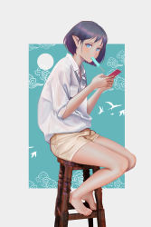 Rule 34 | 1girl, absurdres, barefoot, blue eyes, blush, cellphone, collared shirt, feet, food, full body, highres, holding, holding phone, looking at viewer, mole, mole under eye, original, phone, photoshop (medium), pointy ears, popsicle, purple hair, qizhu, revision, shirt, short hair, short sleeves, shorts, sitting, smartphone, solo, stool, white shirt