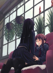 Rule 34 | 2girls, absurdres, black eyes, black hair, black thighhighs, brown hair, couch, from behind, girl on top, hand on another&#039;s thigh, hand on thigh, hidari kagetora, highres, multiple girls, open mouth, original, plant, school uniform, serafuku, sitting, sitting on lap, sitting on person, skirt, straddling, thighhighs, window, yuri