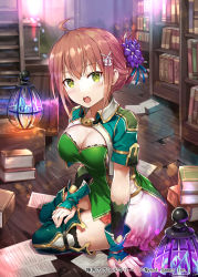 Rule 34 | 1girl, :o, ahoge, blue flower, blush, book, breasts, brown hair, cleavage, cleavage cutout, clothing cutout, commentary request, crystal, flower, full body, gabiran, gloves, green eyes, green gloves, hair flower, hair ornament, indoors, lamp, large breasts, leotard, library, looking at viewer, official art, on ground, open mouth, shinkai no valkyrie, short sleeves, sitting, solo, tagme, teeth, thighhighs, upper teeth only, wooden floor