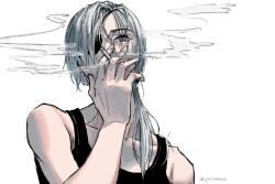 Rule 34 | 1girl, black tank top, blue eyes, chainsaw man, cigarette, eyepatch, grey hair, hair over shoulder, highres, holding, holding cigarette, long hair, looking at viewer, ponytail, quanxi (chainsaw man), simple background, smoke, smoking, solo, tank top, twitter username, white background, yunspsd