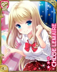 Rule 34 | 1girl, bedroom, blonde hair, blue eyes, bow, card, character name, chloe lemaire, closed mouth, day, girlfriend (kari), indoors, long hair, official art, plaid, plaid skirt, pointing at object, qp:flapper, red bow, red neckwear, red skirt, school uniform, shirt, skirt, smile, solo, tagme, white shirt