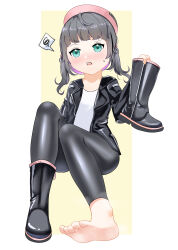 Rule 34 | 1girl, absurdres, barefoot, black hair, blush, boots, feet, green eyes, hat, highres, jacket, leather, leather jacket, long hair, looking at viewer, matsu-kun sama, open mouth, shoes, soles, steam, sweat, toes, unworn boots, unworn shoes