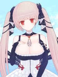 Rule 34 | 1girl, azur lane, bare shoulders, black ribbon, blue sky, blunt bangs, blush, breasts, cleavage, closed mouth, cloud, collarbone, day, facing viewer, formidable (azur lane), hair ribbon, hand on own chest, hand up, head tilt, large breasts, light brown hair, long hair, looking at viewer, outdoors, red eyes, red pupils, ribbon, sky, solo, suta (clusta), twintails, two-tone ribbon, very long hair, water