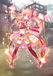 Rule 34 | 1girl, absurdres, blush, breasts, cleavage, dmm, dress, hair ornament, highres, huge filesize, lance, long hair, nail polish, pink dress, pink eyes, pink hair, polearm, red thighhighs, see-through, side ponytail, skirt, studio viga, thighhighs, very long hair, weapon