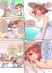 Rule 34 | 1boy, 2girls, animal ears, blush, breasts, cat ears, cleavage, dress, embarrassed, hat, highres, large breasts, multiple girls, nia (xenoblade), osora (judithandlilith), pyra (xenoblade), red hair, rex (xenoblade), short hair, sleeveless, sleeveless dress, smile, sun hat, sundress, white dress, xenoblade chronicles (series), xenoblade chronicles 2, yellow dress