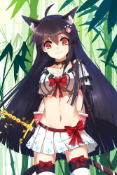 Rule 34 | 1girl, absurdres, ahoge, animal ears, arms behind back, bamboo, bamboo forest, bell, black hair, blunt bangs, bow, breasts, cat ears, cat tail, collar, collarbone, cowboy shot, floating hair, forest, groin, hair between eyes, hair ornament, head tilt, highres, long hair, looking at viewer, medium breasts, midriff, mikuni romance, miniskirt, nature, navel, neck bell, outdoors, pleated skirt, red bow, red eyes, sangoku romance, sheath, sheathed, skirt, smile, solo, standing, stomach, striped, striped bow, sword, tail, thighhighs, underboob, very long hair, weapon, white skirt, zettai ryouiki