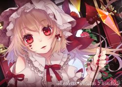 Rule 34 | 1girl, blonde hair, blush, bow, bowtie, crystal, earrings, embellished costume, facial tattoo, fangs, flandre scarlet, hat, hat ribbon, heart, heart tattoo, jewelry, laevatein, looking at viewer, mob cap, nail polish, parted lips, puffy short sleeves, puffy sleeves, red bow, red bowtie, red eyes, red nails, red ribbon, ribbon, short sleeves, side ponytail, smile, solo, tattoo, touhou, toutenkou, wings, wrist cuffs