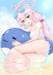 Rule 34 | 1girl, ahoge, ass, barefoot, beach, bikini, blue-tinted eyewear, blue archive, blue eyes, blush, breasts, collarbone, eyewear on head, fang, feet, foot focus, foreshortening, frilled bikini, frills, full body, hair between eyes, hair bobbles, hair ornament, halo, heterochromia, highres, hinosaki, hoshino (blue archive), hoshino (swimsuit) (blue archive), hugging object, inflatable toy, inflatable whale, legs, long hair, looking at viewer, lying, ocean, official alternate costume, on side, open mouth, orange eyes, outdoors, pink hair, pink halo, sketch, skin fang, sky, small breasts, soles, solo, spread toes, sunglasses, swimsuit, tinted eyewear, toes, water, white-framed eyewear, white bikini