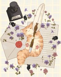 black_cat cat envelope flower highres holding holding_quill inkwell lying no_humans oimo_imoo on_back original paper purple_flower quill