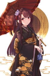 Rule 34 | 1girl, :t, b b b b66, black kimono, blush, breasts, cowboy shot, flower, frown, girls&#039; frontline, hair flower, hair ornament, hair ribbon, half updo, highres, holding, holding umbrella, japanese clothes, kimono, large breasts, long hair, looking at viewer, mujinbensin, oil-paper umbrella, one side up, pouty lips, purple hair, red eyes, ribbon, solo, umbrella, very long hair, wa2000 (girls&#039; frontline), wide sleeves