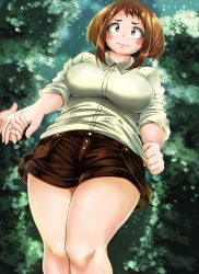 Rule 34 | 10s, 1girl, adahcm, blush, blush stickers, boku no hero academia, breasts, brown eyes, brown hair, closed mouth, collared shirt, forest, from below, holding hands, highres, large breasts, looking at viewer, nature, night, night sky, scared, shirt, short hair, shorts, sky, sleeves rolled up, solo, sweatdrop, tree, uraraka ochako, wavy mouth