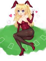 Rule 34 | 1girl, animal ears, bare shoulders, blonde hair, blue eyes, blush, breasts, cleavage, elbow gloves, enu naitsu, fake animal ears, full body, gloves, high heels, long hair, lying, medium breasts, on side, open mouth, pantyhose, playboy bunny, rabbit ears, rabbit girl, solo, thighs, two side up