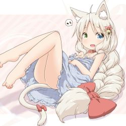 Rule 34 | 1girl, :d, ahoge, animal ears, ass, bare arms, bare legs, bare shoulders, barefoot, bell, big hair, blue dress, blue eyes, blush, bow, braid, breasts, cat ears, cat girl, cat tail, collar, collarbone, commentary request, dress, fang, green eyes, hair bell, hair between eyes, hair bow, hair ornament, hands on own stomach, heterochromia, jingle bell, long hair, looking at viewer, lying, musical note, natsu no koucha, on back, open mouth, original, quaver, red bow, red collar, sleeveless, sleeveless dress, small breasts, smile, solo, spoken musical note, strap slip, tail, tail bow, tail ornament, very long hair