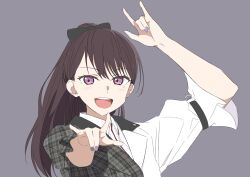 Rule 34 | 1girl, :d, absurdres, bang dream!, bang dream! it&#039;s mygo!!!!!, belt, black bow, blush, bow, brown hair, cherry bomb (love live!), collared shirt, commentary, cosplay, double m/, grey background, hair bow, hayashi coco, high ponytail, highres, jacket, long hair, looking at viewer, love live!, love live! nijigasaki high school idol club, m/, mole, mole under eye, nail polish, open mouth, raito taisha, shiina taki, shirt, simple background, smile, solo, symbol-only commentary, teeth, upper teeth only, voice actor connection, yuki setsuna (love live!) (cosplay), yuki setsuna (love live!)