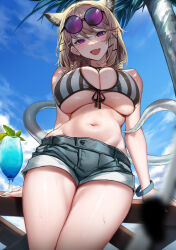 Rule 34 | absurdres, animal ear fluff, animal ears, arknights, bikini, breasts, cleavage, denim, denim shorts, eyewear on head, fang, front-tie bikini top, front-tie top, grey bikini, hair ornament, highres, large breasts, molyb, official alternate costume, open mouth, palm tree, purple-tinted eyewear, short shorts, shorts, skin fang, smile, striped bikini, striped clothes, sunglasses, swimsuit, tail, tinted eyewear, tree, utage (arknights), utage (summer flowers) (arknights), vertical-striped bikini, vertical-striped clothes, x hair ornament