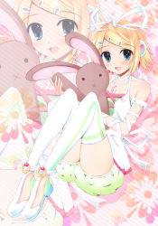 Rule 34 | 1girl, aqua eyes, azure (capriccio), bad id, bad pixiv id, bare shoulders, blonde hair, blush, hair ornament, hair ribbon, hairclip, headphones, jewelry, kagamine rin, legs up, necklace, open mouth, project diva, project diva (series), project diva 2nd, rabbit, ribbon, short hair, shorts, sitting, smile, solo, stuffed animal, stuffed rabbit, stuffed toy, thighhighs, vocaloid, white thighhighs