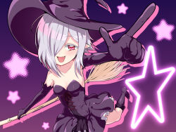 Rule 34 | 1girl, black dress, black footwear, black gloves, blush, boots, breasts, broom, cleavage, dress, elbow gloves, fang, gloves, hair over one eye, hat, jashin-chan dropkick, looking at viewer, mumyou ishi, open mouth, persephone ii, pointing, pointy ears, red eyes, short hair, simple background, small breasts, smile, solo, white hair, witch, witch hat