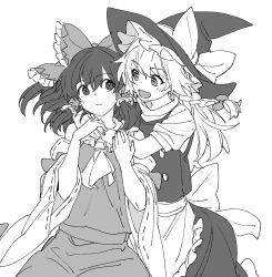 Rule 34 | 2girls, apron, ascot, blush, bow, braid, closed mouth, commentary, detached sleeves, frilled bow, frilled hair tubes, frills, greyscale, hair bow, hair tubes, hakurei reimu, hat, hat bow, highres, hug, kirisame marisa, long hair, mero (starfish jcs), monochrome, multiple girls, open mouth, ribbon-trimmed sleeves, ribbon trim, short sleeves, side braid, single braid, skirt, smile, touhou, vest, waist apron, witch hat