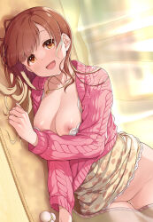 Rule 34 | 1girl, breasts, brown eyes, brown hair, cardigan, clothes lift, clothes pull, cum, cum in pussy, curtains, highres, idolmaster, idolmaster cinderella girls, igarashi kyoko, jewelry, large breasts, long hair, long sleeves, looking at viewer, lying, mk (mod0), necklace, nipples, no panties, on side, open cardigan, open clothes, open mouth, pink cardigan, print skirt, shirt, shirt pull, skirt, skirt lift, smile, solo, white shirt, yellow skirt