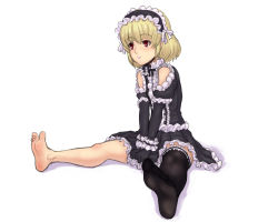 Rule 34 | 1girl, bare legs, barefoot, black dress, black gloves, black thighhighs, blonde hair, dress, embodiment of scarlet devil, feet, female focus, foreshortening, frills, full body, gloves, gothic lolita, hairband, highres, kuro suto sukii, lipstick, lolita fashion, makeup, no shoes, pink lips, red eyes, rumia, short hair, simple background, single thighhigh, sitting, solo, spread legs, thighhighs, touhou, v arms, white background, zettai ryouiki
